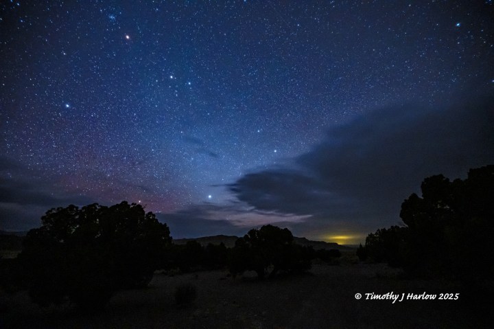 Starry night sky over desert landscape with silhouetted trees and distant hills, showcasing a vibrant display of stars and clouds.